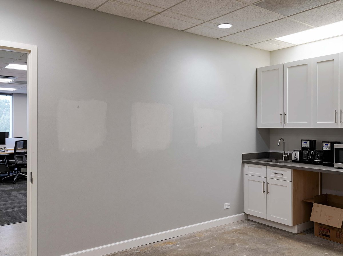 Drywall patches on the wall of an office kitchenette.