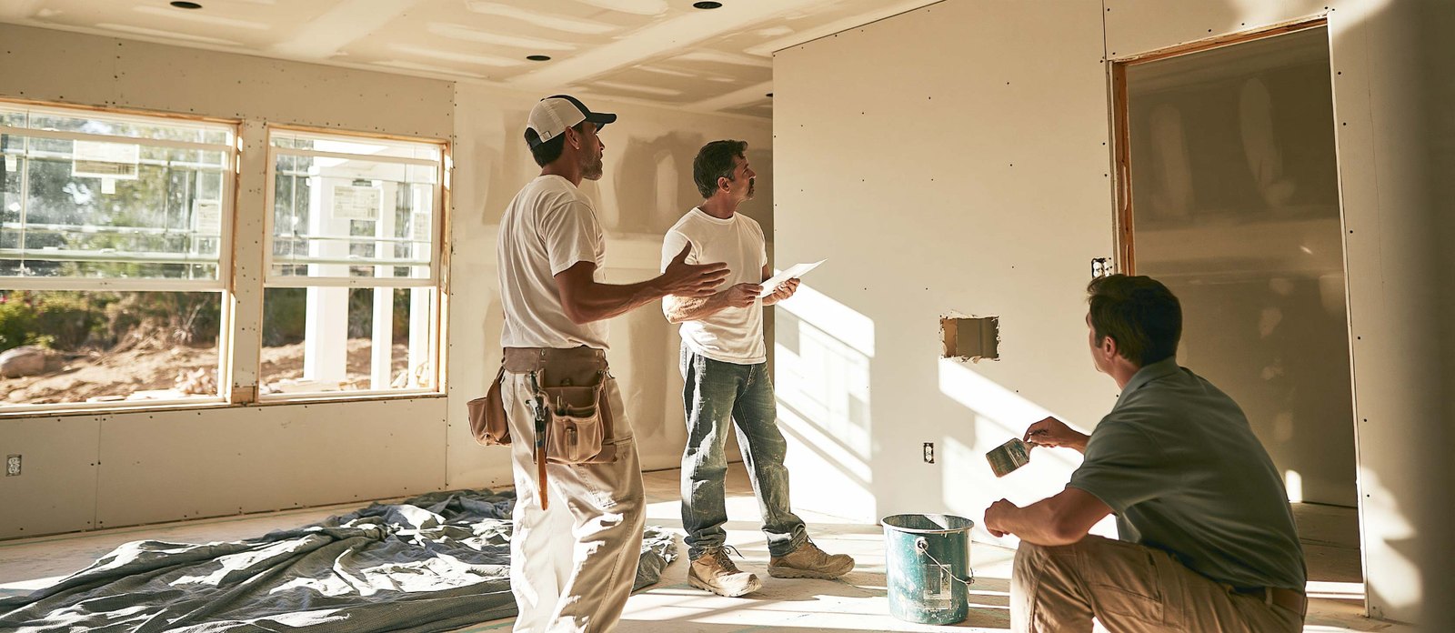 Workers discussing drywall repairs in a room with exposed wall seams and protected flooring.