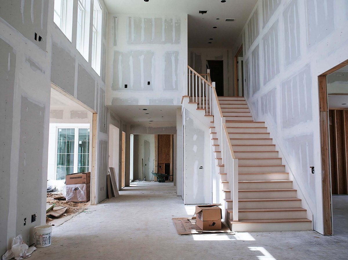 Taped drywall walls around a staircase and two-story entry in a new home.