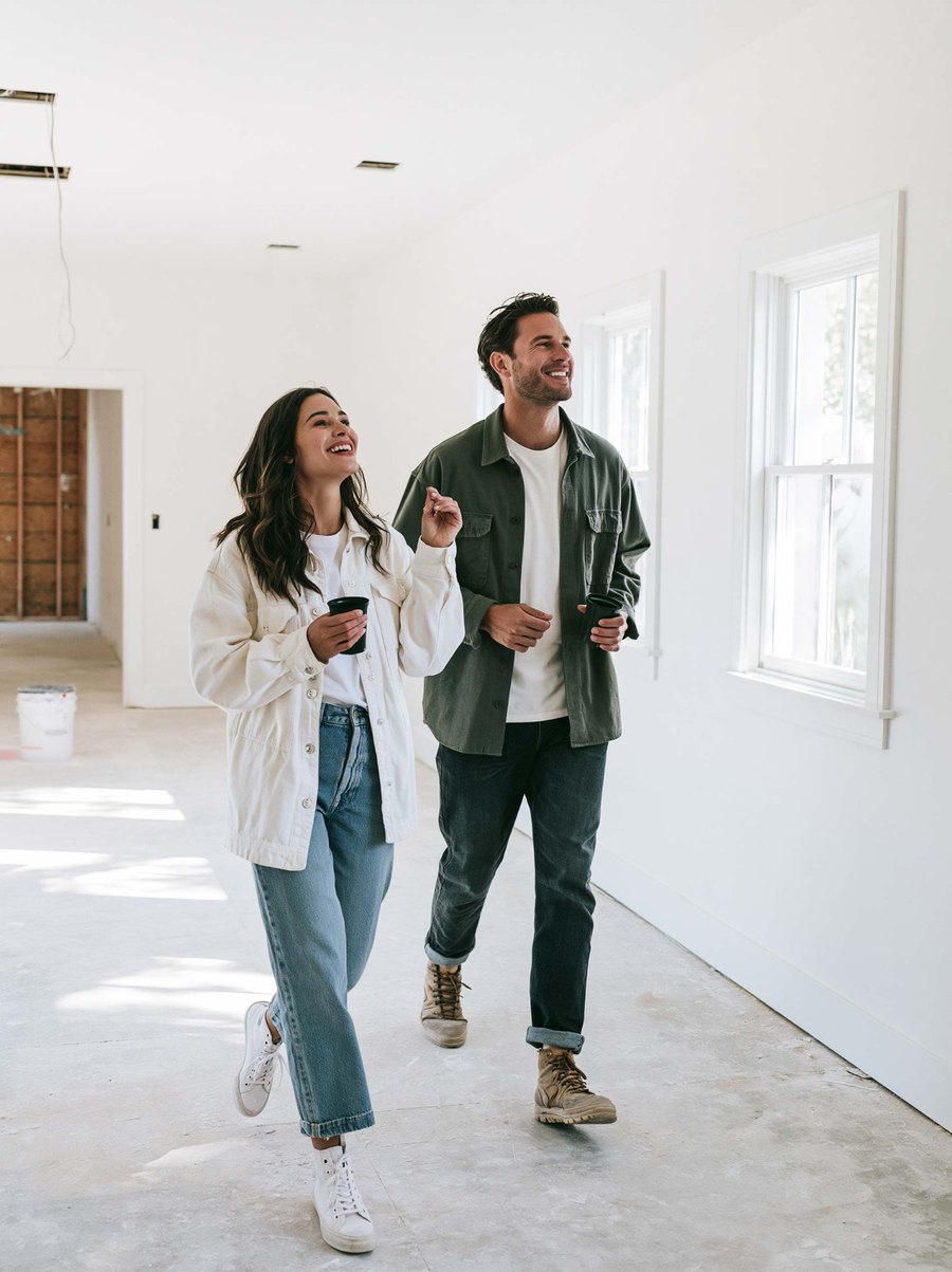 Two people walking through a new home with unfinished drywall walls.